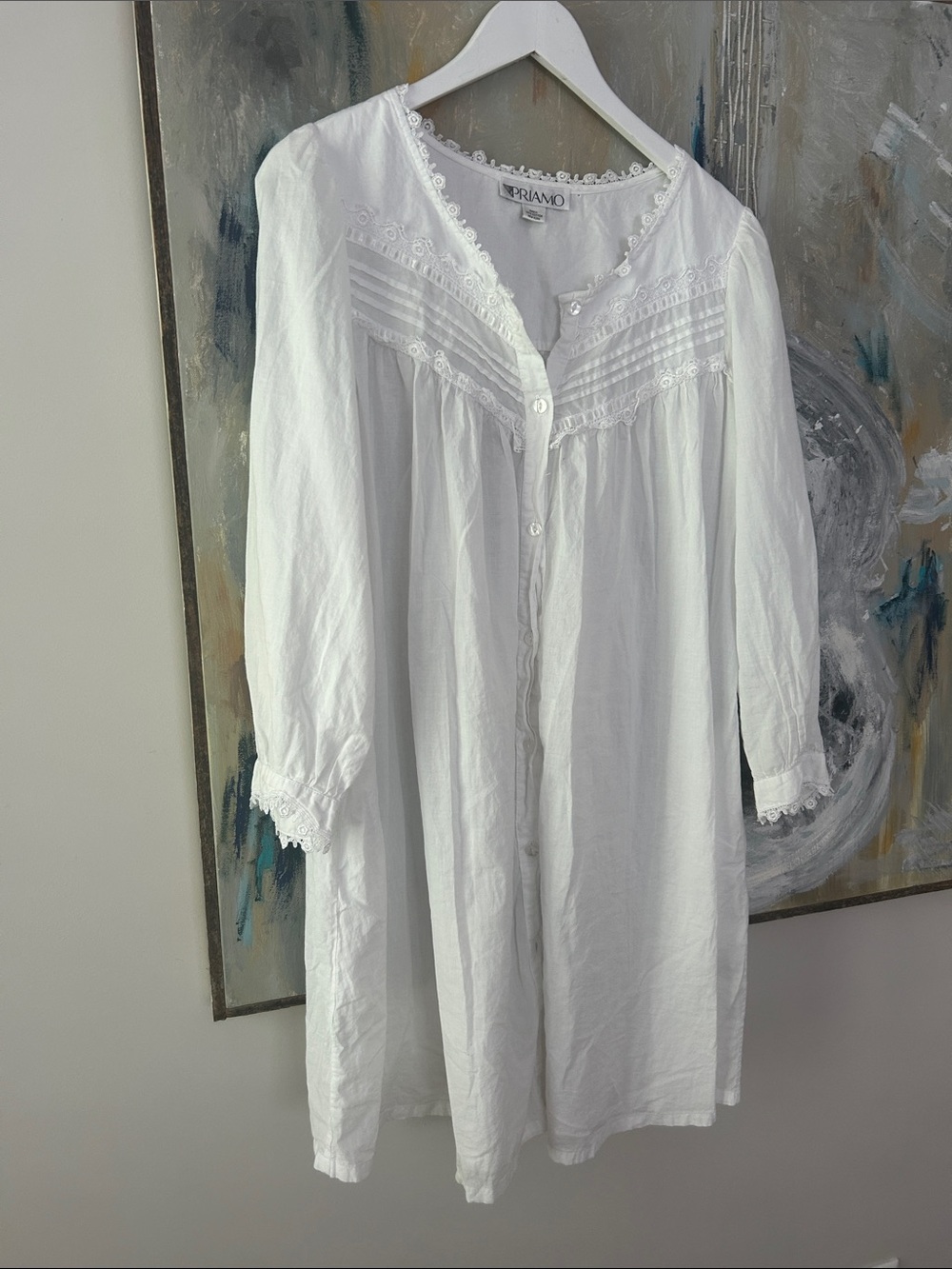 Vintage White Button-Front Cotton Nightgown with Lace Trim